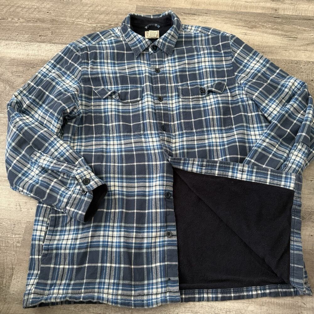 LL Bean Flannel Fleece-Lined Shacket Shirt Mens Large Blue Plaid 298189 Outdoors